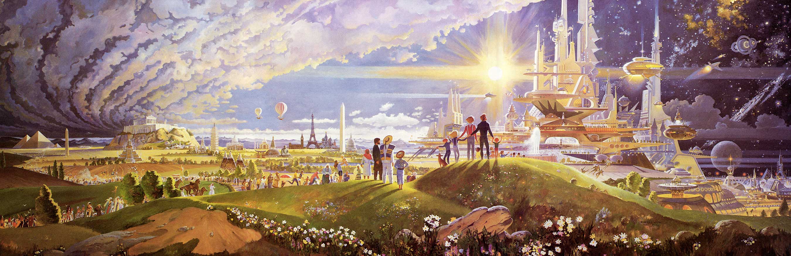 A panoramic painting depicting humanity's journey from ancient civilizations toward a radiant future — the threshold between what was and what is being built