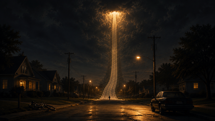A lone figure traversing the old 3D illusion, walking a road of the 4th density to 5th density